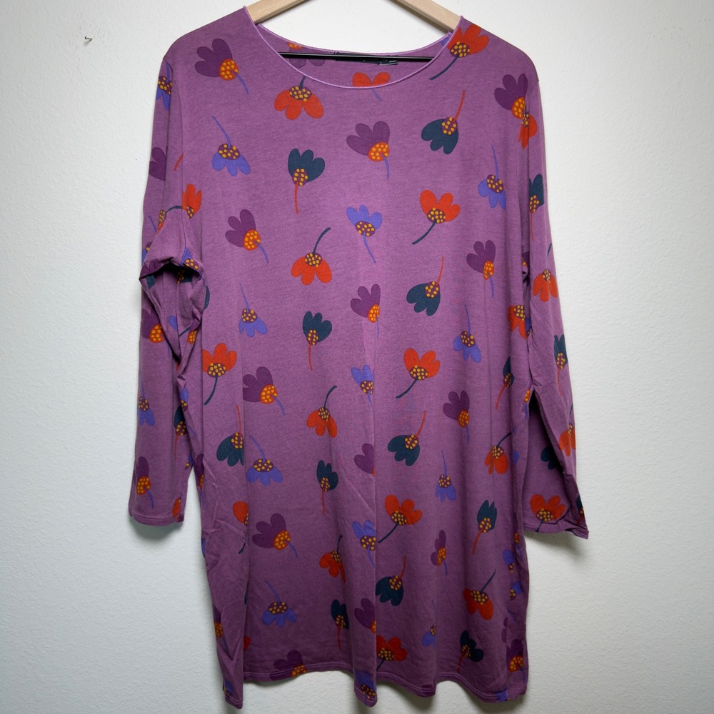 Gudrun Sjoden Womens Cotton Tunic Top XXL Purple Floral Long Sleeve Art to Wear